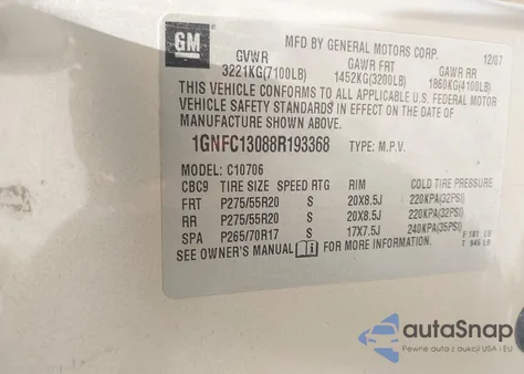 2008 Chevrolet Tahoe Lt из США, поврежденный, VIN 1GNFC13088R193368